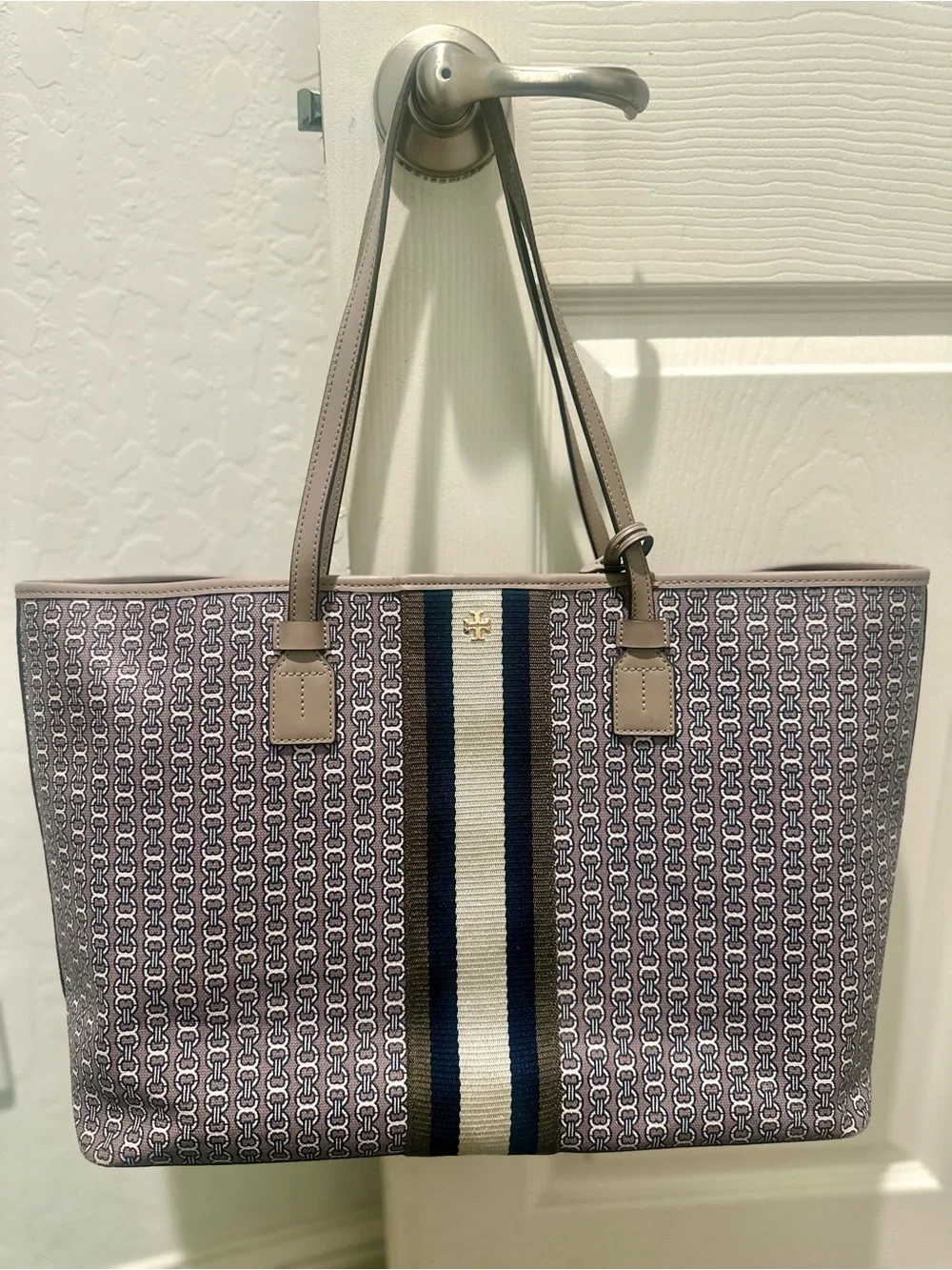 Tory Burch Gemini Link Canvas Tote Bag Gray/Taupe Stripe Shoulder Bag